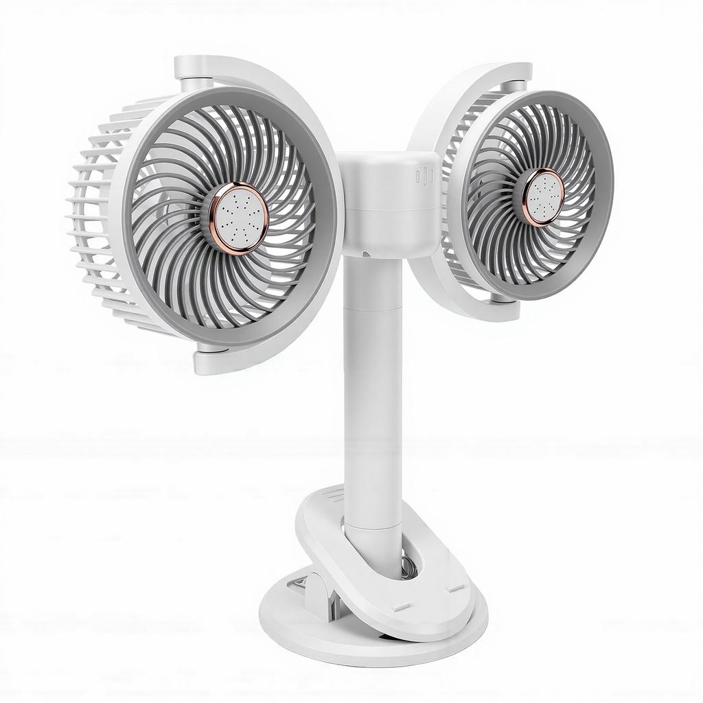 Dual Head Desk Fan USB Charging 360 Degrees  Rotation Adjustable Height Night Light Portable Dual Head Clamp On Fan