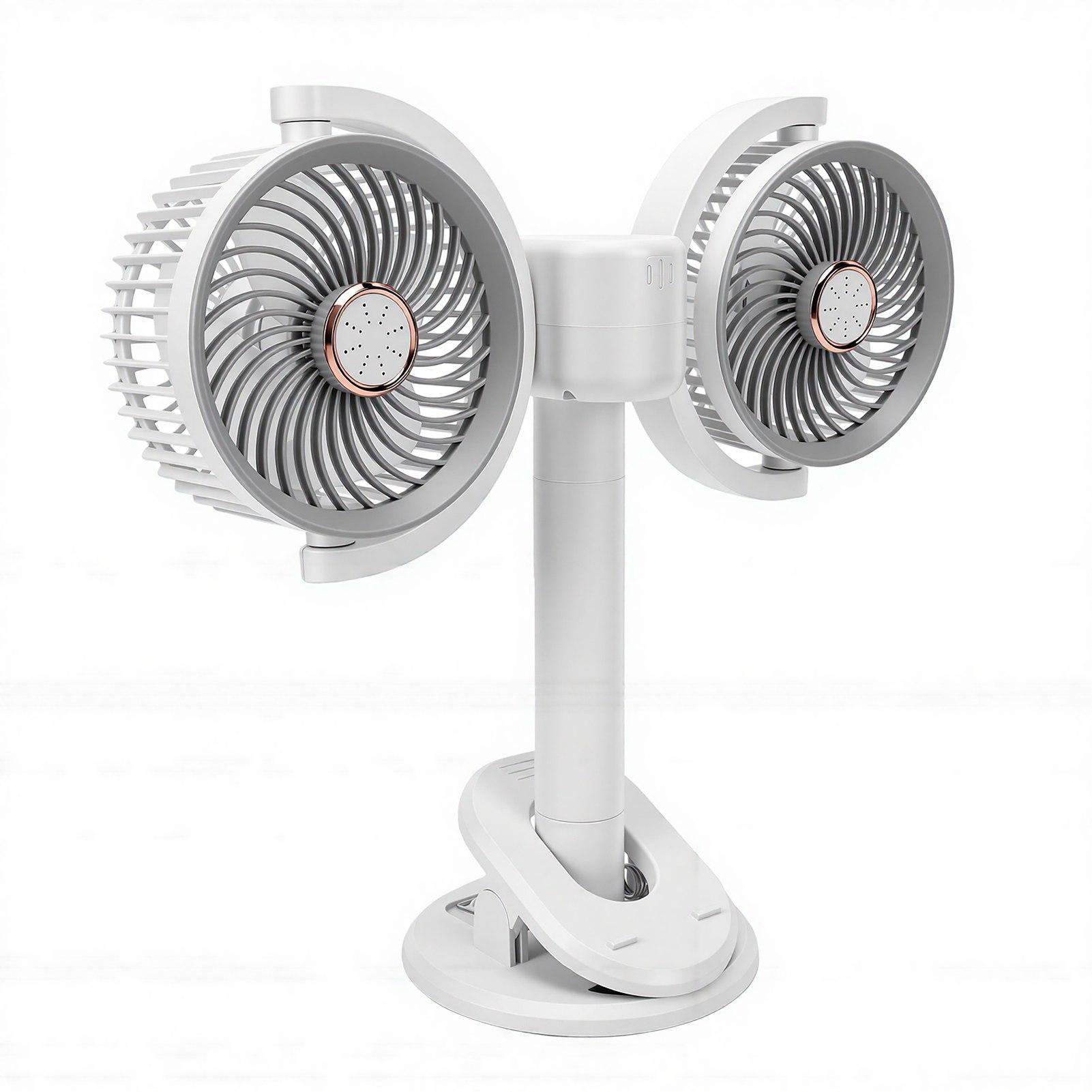 Dual Head Desk Fan USB Charging 360 degrees Rotation Adjustable Height Night Light Portable Dual Head Clamp On Fan