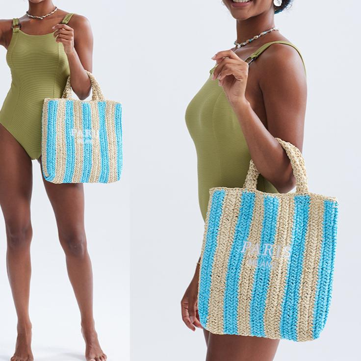 Gestreifte, handgefertigte, gewebte Strohtasche für Damen, bestickte Buchstaben, Strandurlaub, Schultertasche, kollidierende Farben, gewebte Handtasche aus Papier