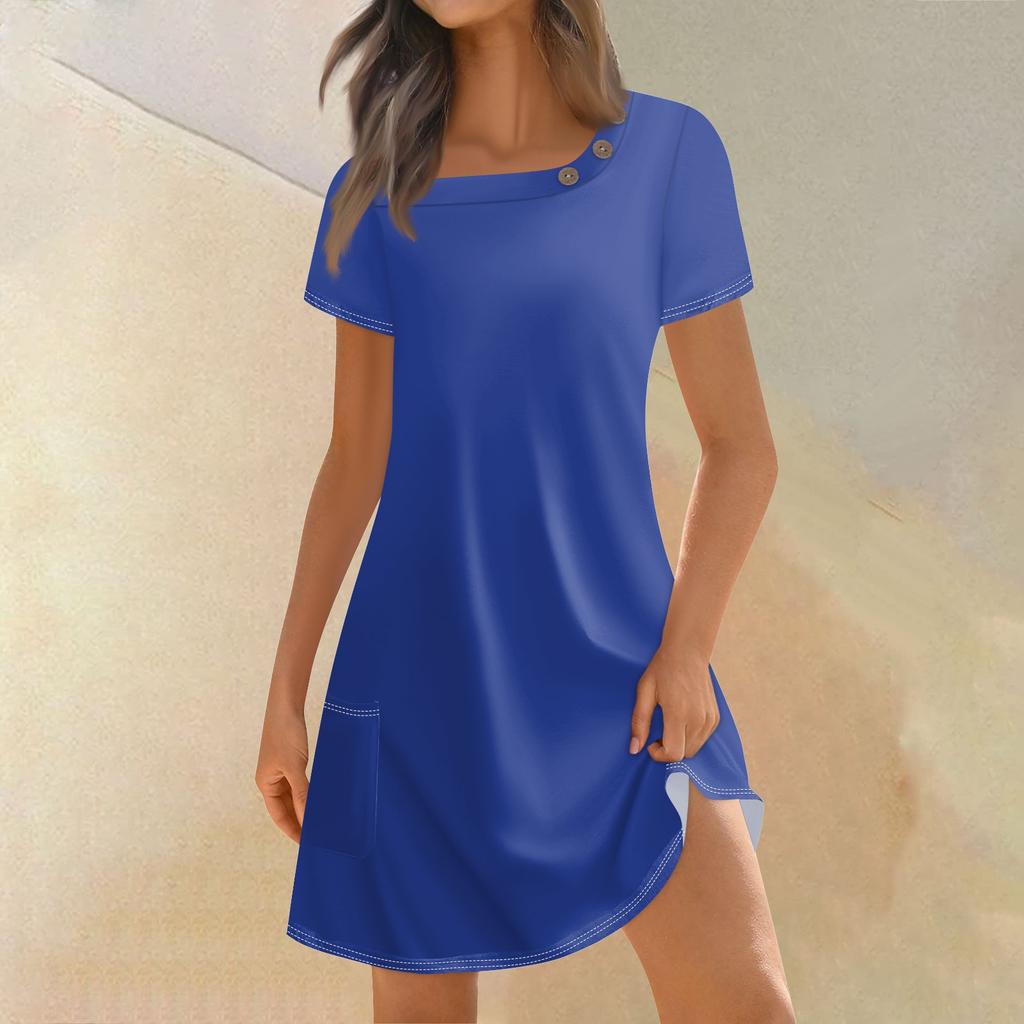 Women's Fashion Summer Square Neck Short Sleeve Casual Loose Pocket Button Solid Color Dresses