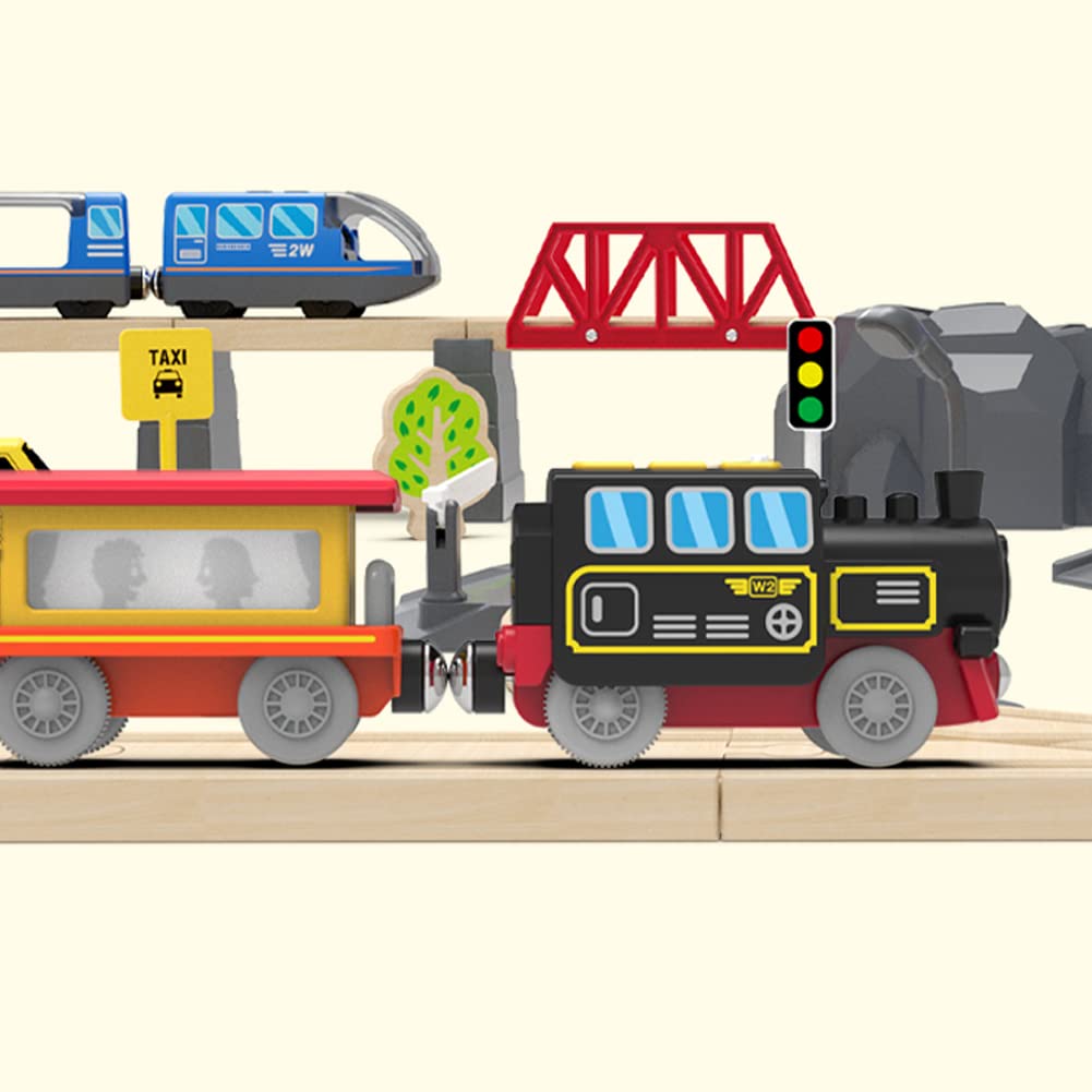 TOPLIVING Wooden Train Track Accessories Battery-Operated Locomotive with Magnetic Connection Compatible with Thomas, Brio, and Chuggington