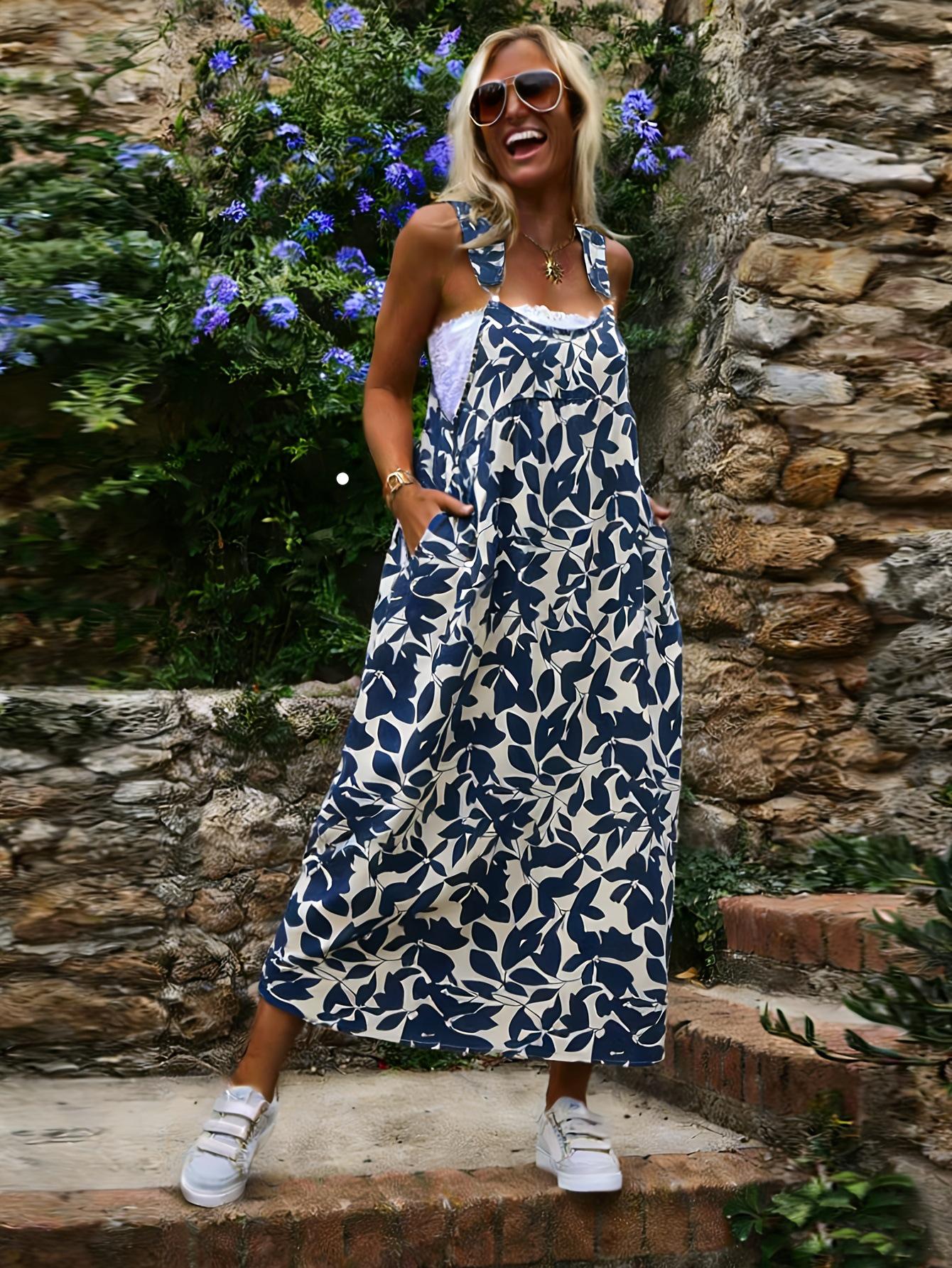 Plus Size Women s Blue Printed Suspender Dress - Slimming Fit 1XL
