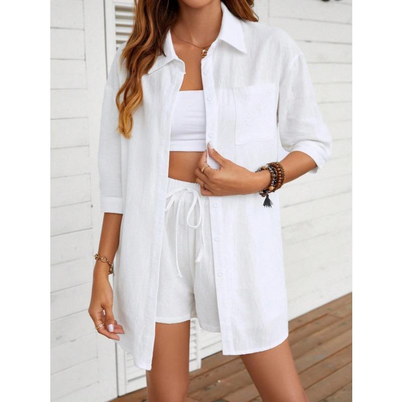 

Женская мода на лето и весну, повседневные однотонные принты с рукавами 1/2, поло с воротником, блузки и рубашки, спортивные шорты с высокой талией, костюмы XXL белый