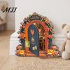 Unique Halloween Shelf Decor Mouse Hole Wall Decoration, Retro Arched Fairy Door with Pumpkin Cute Room Accessories & Flower Decor, Miniature Openable