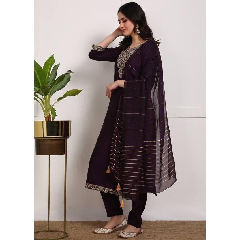 Party Wear Tunic Pure Silk Kurti Pant Dupatta Set Indian Women Salwar Kameez VF-20159