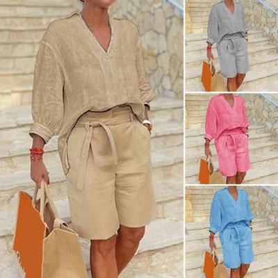 Tenue deux pièces en coton lin pour femme, décontractée, col en V, manches demi-longues, chemise à revers et short large ceinturé, ensemble d'été pour la détente avec poches