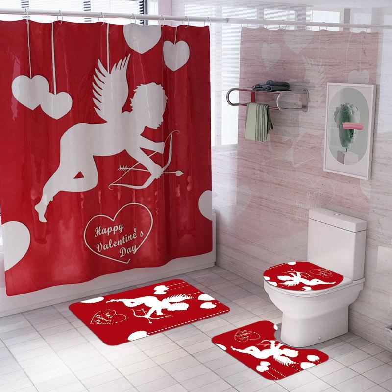 1 Set Waterproof Shower Curtain Romantic Valentine'S Day Heart Rose Bathroom Curtain Set Shower With 12Pcs Plastic Hooks