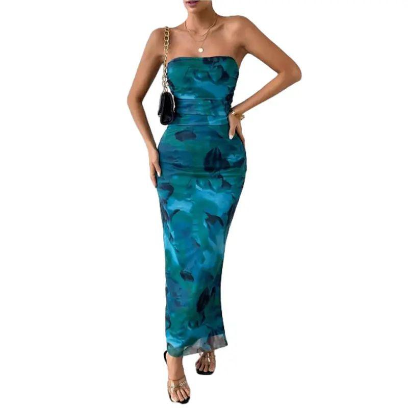 European and American Women clothes Mesh Floral Sexy Tight Split Shoulder Strap Tube Top Long dress Elegant Long Dress