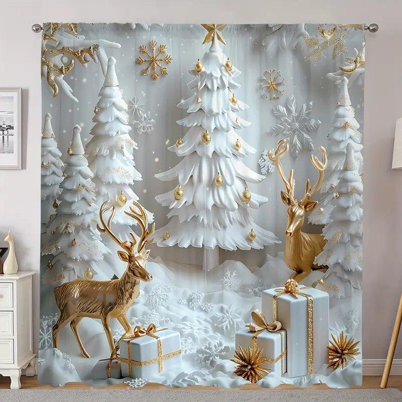 

Christmas Snow Tree Golden Reindeer Design Printed Curtains Pole Bag Home Decoration Room Curtain Set Of 2 Made Polyester Washable W100*H70(CM)-Rod Pocket&2PCS