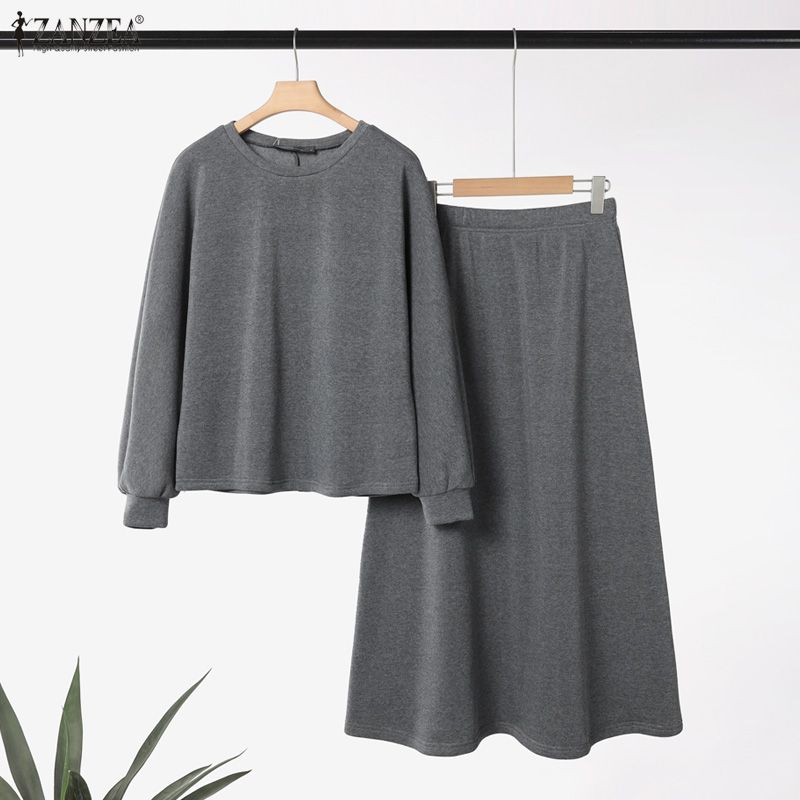 ZANZEA Damen Langarm Sweatshirts und Lange Röcke Herbst Zweiteilige Anzugsets