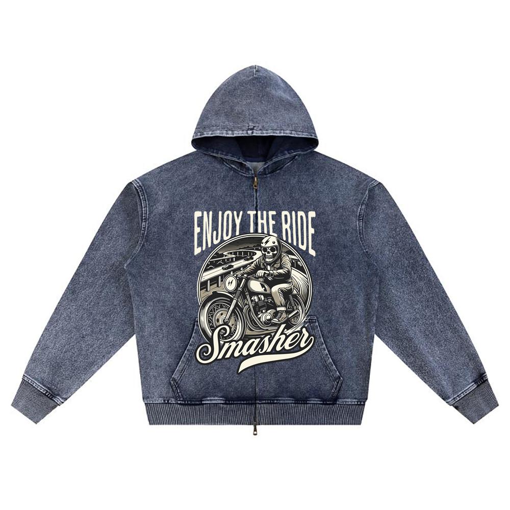 DTG print Knitted Denim Zip-Up Hoodie streetwear Motorcycle Brother Print Zipper Hoodies  