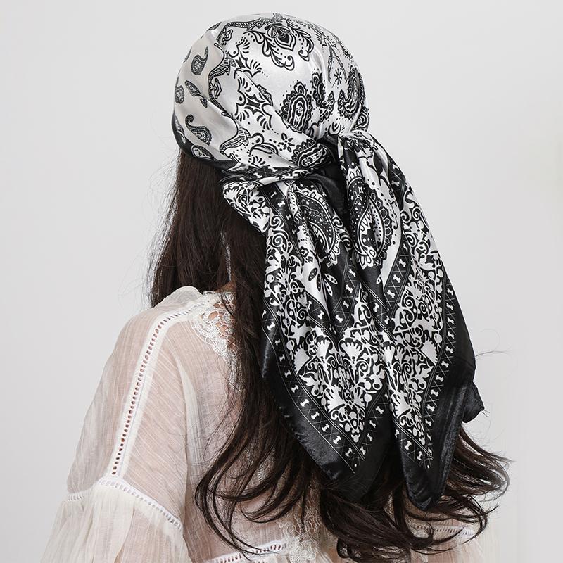 

90*90cm Satin Square Scarf Women Hijab Paisley Cashew Print Silk Scarf Neckerchief Shawl Wraps Headband Hair Accessories Bandana 90x90cm чорний