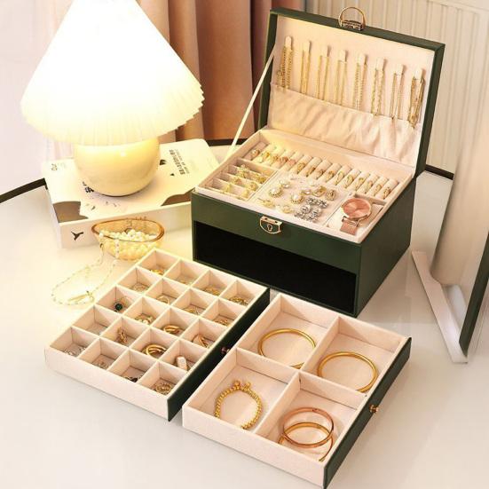 Kunstleren Sieradendoos Drie Lagen Grote Capaciteit Sieraden Display Houder Multifunctionele Oorbellen Ketting Armband Ring Organizer Container Hoes