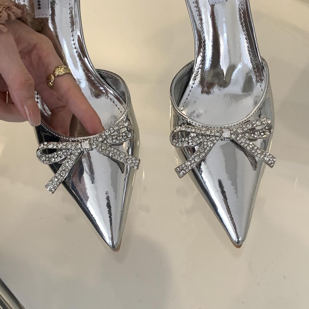 Xibeilove Damen Silberne Spitzpumps Kristall Schmetterling Schuhe Sommer Party Ball Designer Größe 35-40