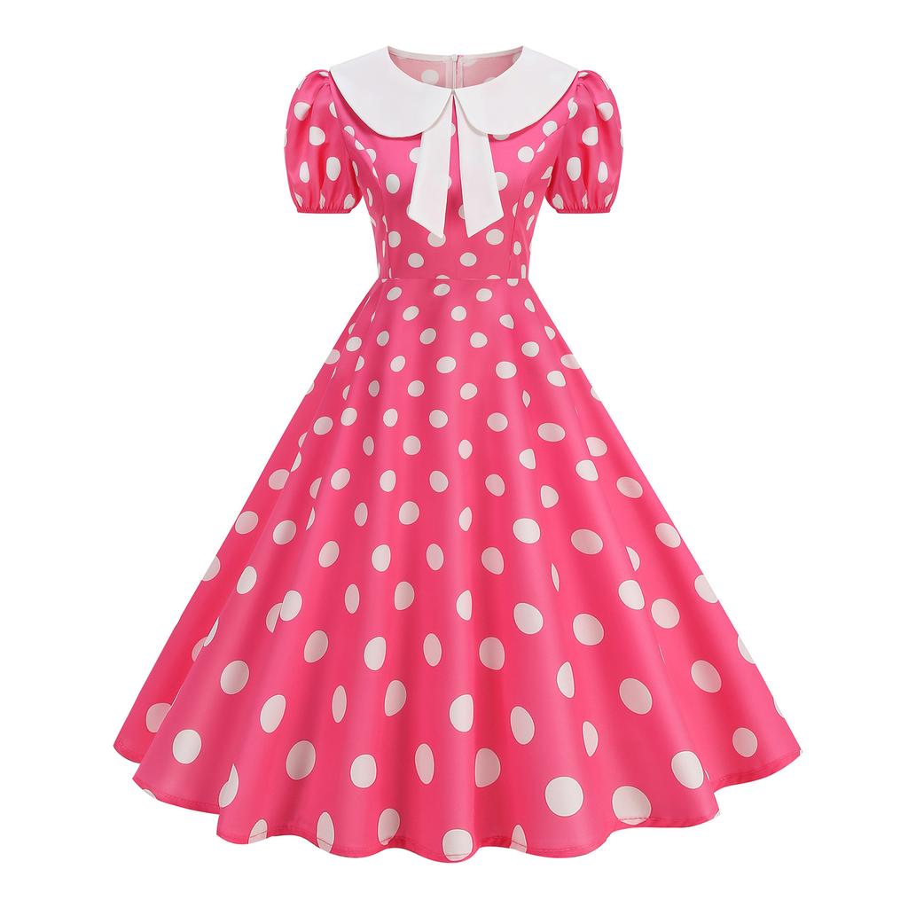Women's Casual Polka Dot Dress with Collar and Puff Sleeves Slim Fit