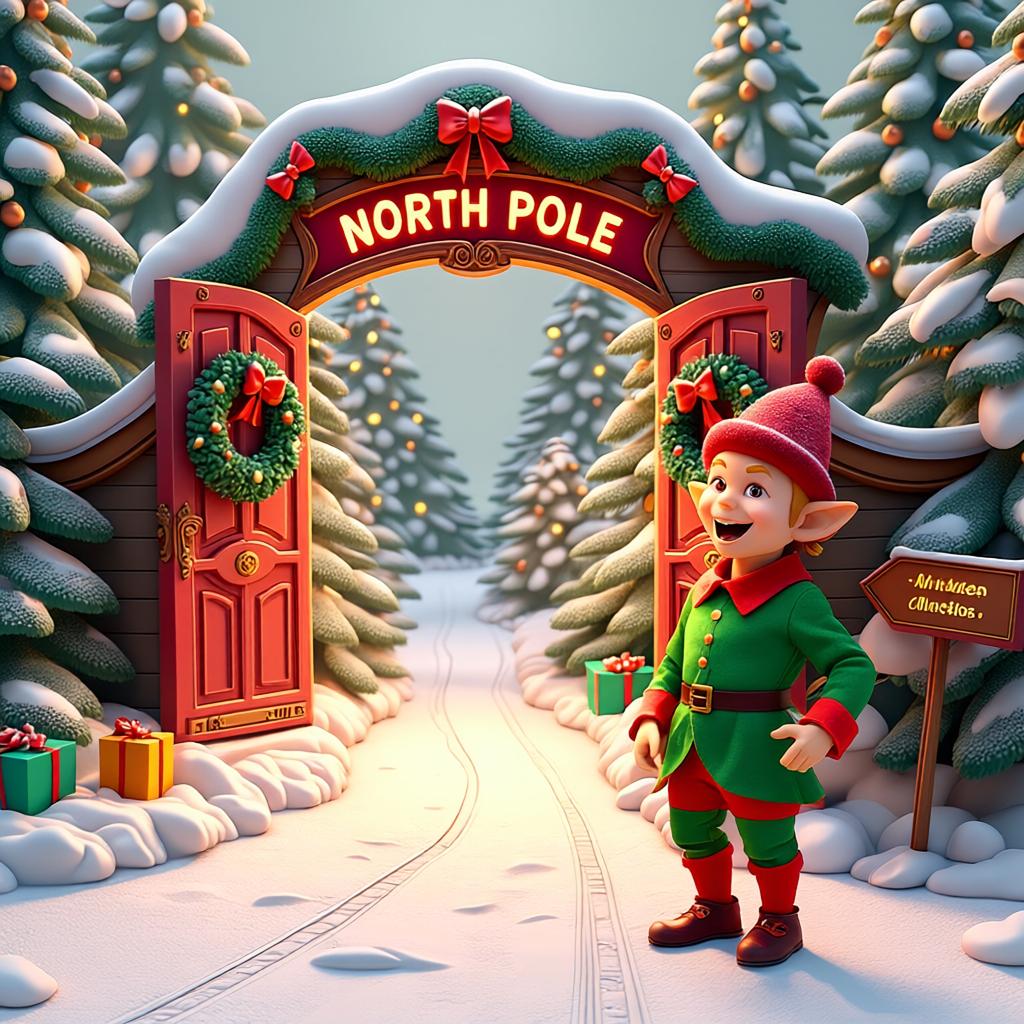 Holiday Celebration Background Holiday Archway Christmas Display North Pole Banner Snow-Covered Trees Winter Scene Display