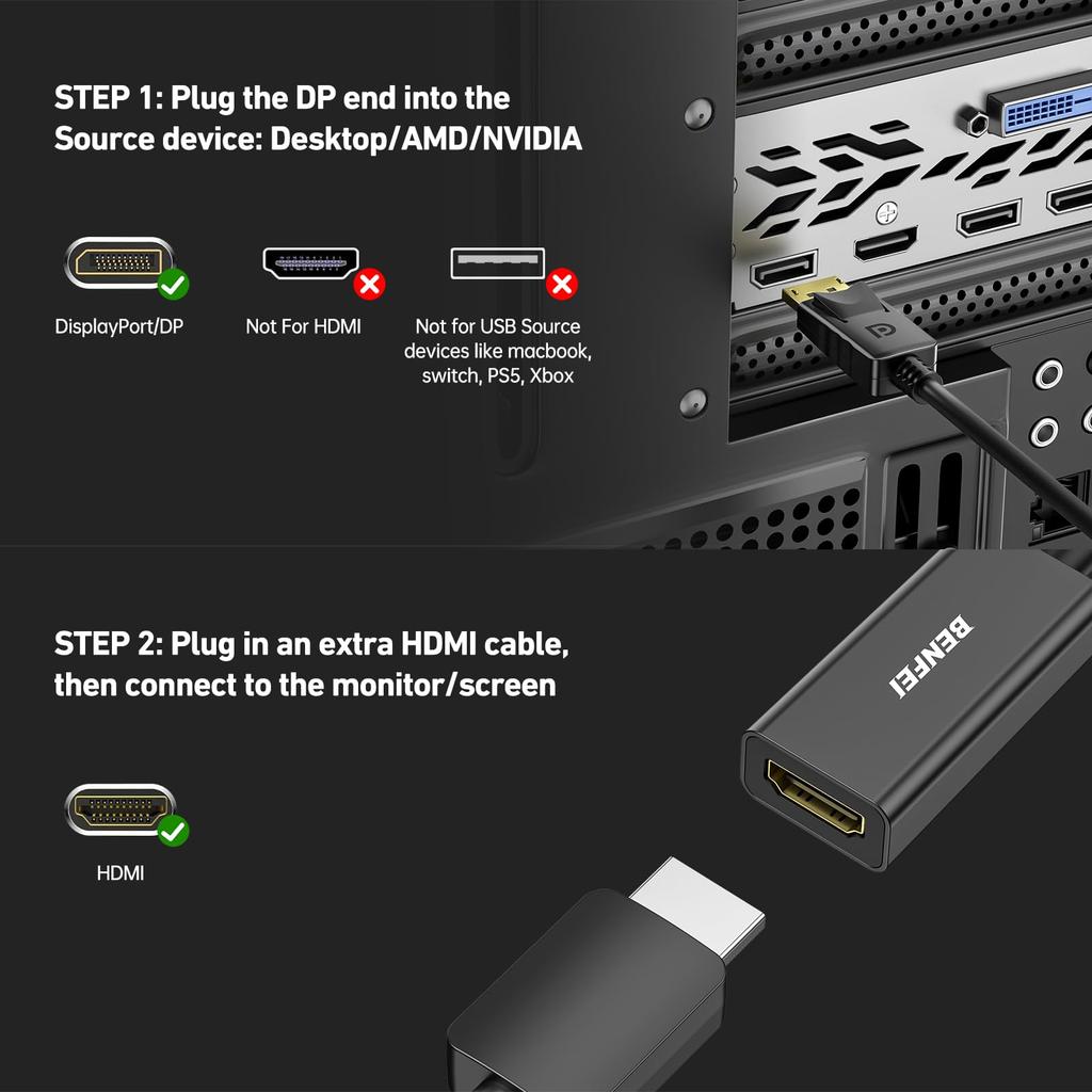 BENFEI DisplayPort To HDMI Conversion Supports Resolutions Up To To Not Cable, 4K@30Hz (Male Female, Reverse-Compatible)