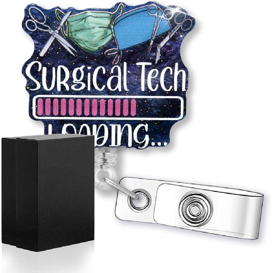 Surgical Tech Funny Glitter Badge Reel with ID Clip, Retractable Badge Holder for Surgical Technician Student OR Nurse Surgery tech Doctor, Surgical