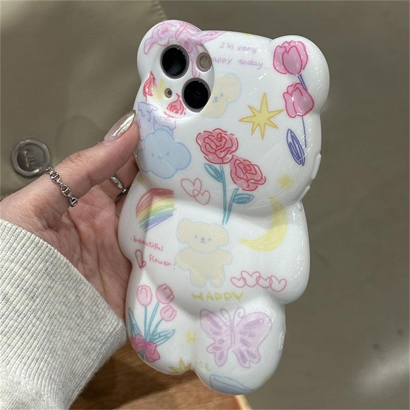 Korejský roztomilý graffiti květinový 3d kreslený obal na medvěda pro iphone 14 13 12 11 Pro Max Lovely Animal lesklý nárazuvzdorný měkký kryt Funda