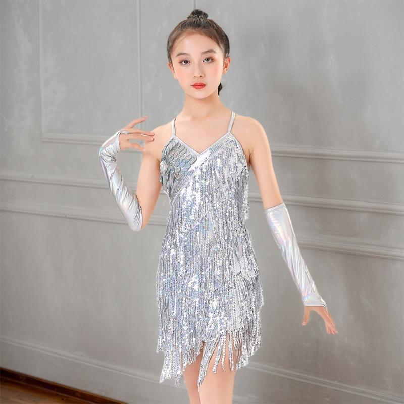 Vestido de Danza Latina Borlas Ropa de Baile Salsas Lentejuelas Flecos Vestido Bailarín Moderno de Salón Cha Cha Trajes para Niños Niñas