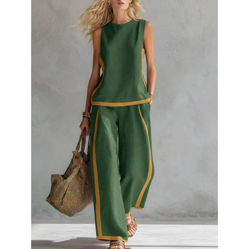 Tuta da donna estiva senza maniche a blocchi di colore con tasche e inserti per abbigliamento casual