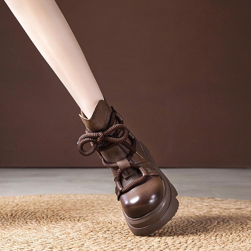 Women's Genuine Leather Platform Martin Boots - 2025 Autumn/Winter Retro Style, Perfect with Skirts for Outdoor Wear.