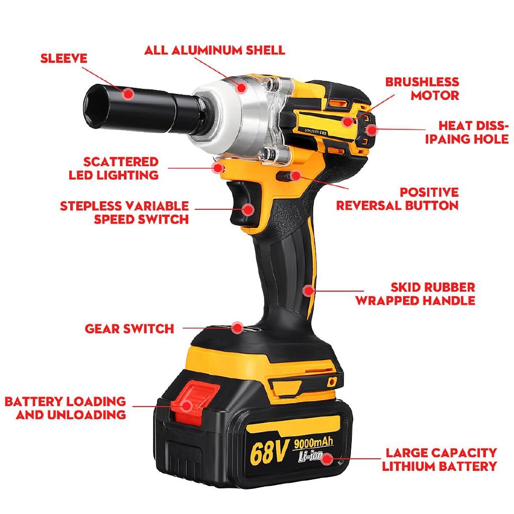 68V 9000mAh 520N.m Cordless Lithium-Ion Battery AC100-240V Electric Impact Wrench Cordless Brushless with Battery