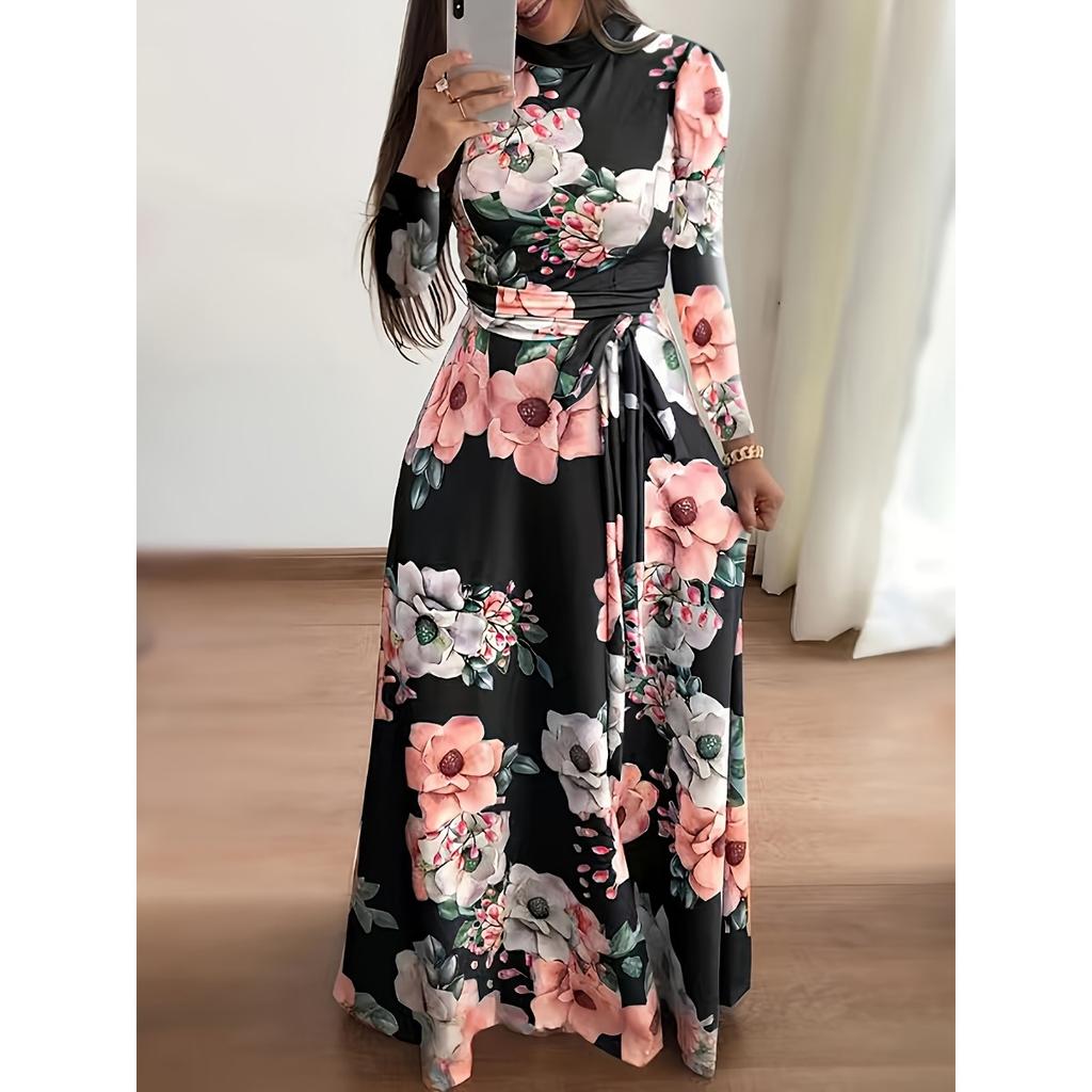 Women's Bohemian High Waist Printed Long Sleeve Maxi Dress, Elegant Flowy Casual Dress for Women, European & American Style Slimming Waist Dress