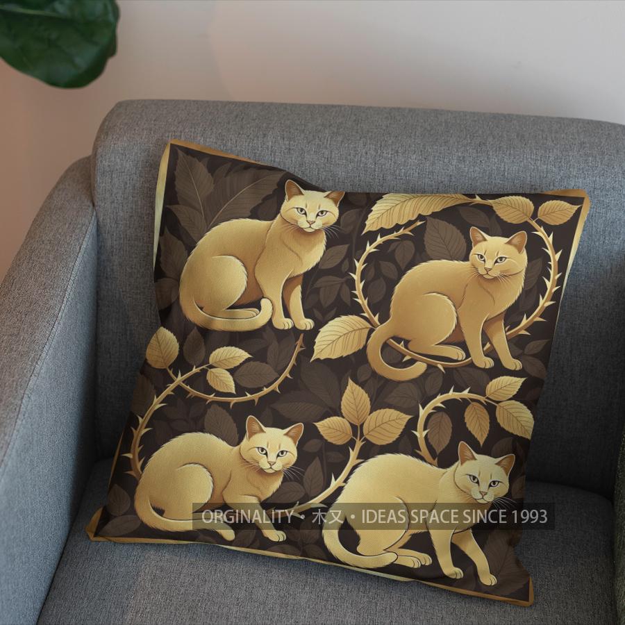 2D Cute Golden Cats With Leaves Pillow Cover Pattern Cushion Cover Suitable For Sofa Bedroom Car Pillow Cover