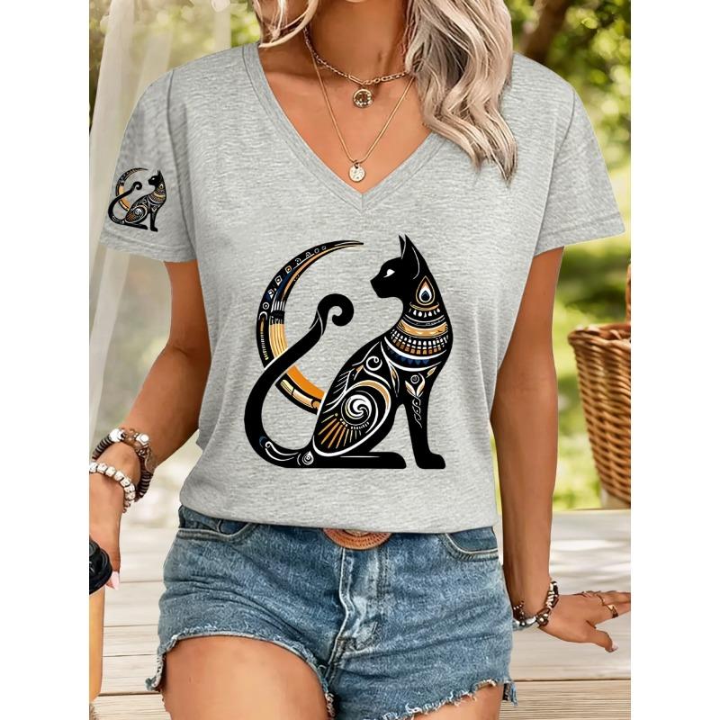 2026 New Summer Women's Fashion T-Shirt Short Sleeve 3D Cat Print Top Tees V-Neck Casual
