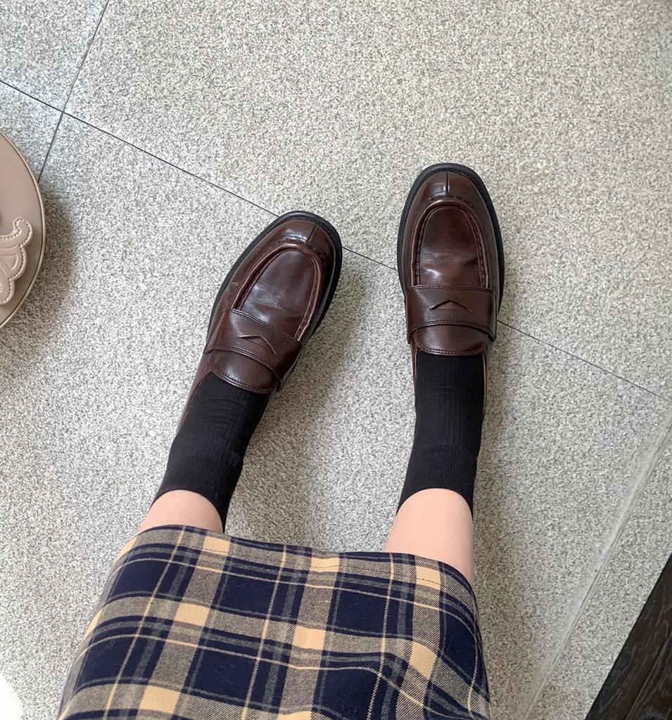 Cowhide version~~ New small leather shoes women's thick heel platform lazy shoes genuine leather loafers