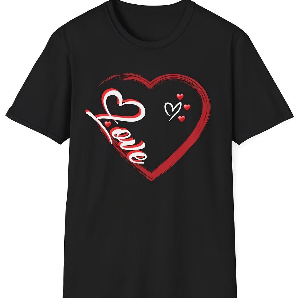 Watercolorful Love Heart Graphic T Shirt Red Cursive Print Casual Cotton Short Sleeve Tee for Men Women