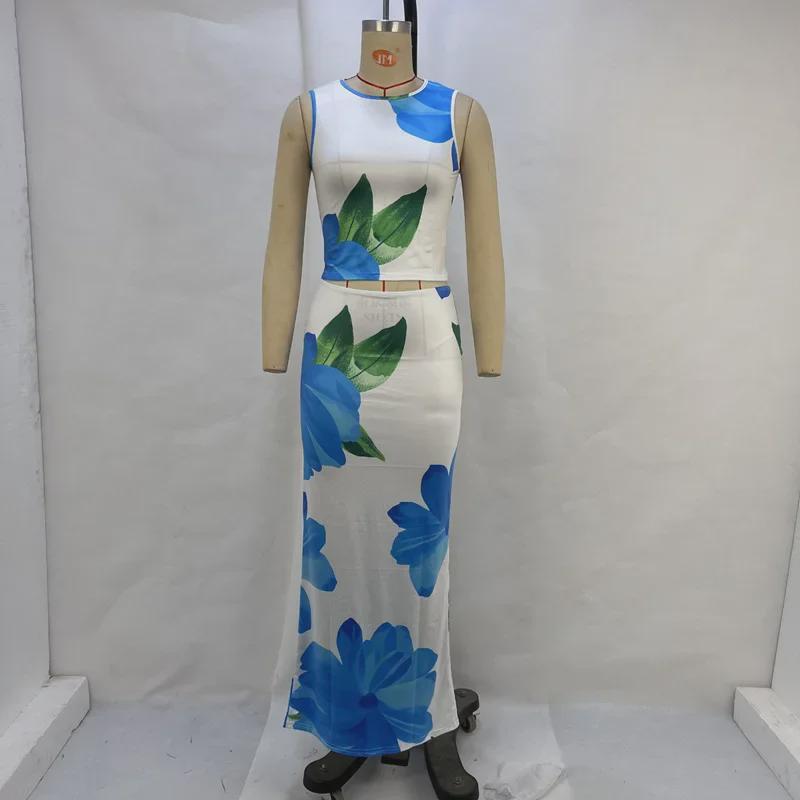 Conjunto de top corto estampado informal y falda ajustada para mujer de verano 2024