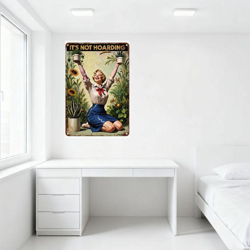 Vintage 1950s Style 'It's Not Hoarding' Plant Lover Metal Tin Sign - Woman with Plants & Butterflies Retro Propaganda Plaque for