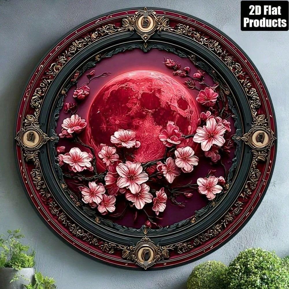 Vintage Metal Wall Art Red Flowers Moon Poster Home Decor