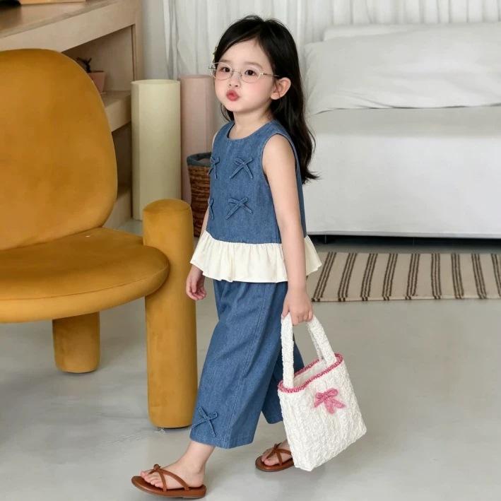 Girls Summer Denim Look Vest and Pants Set with Bow Detail