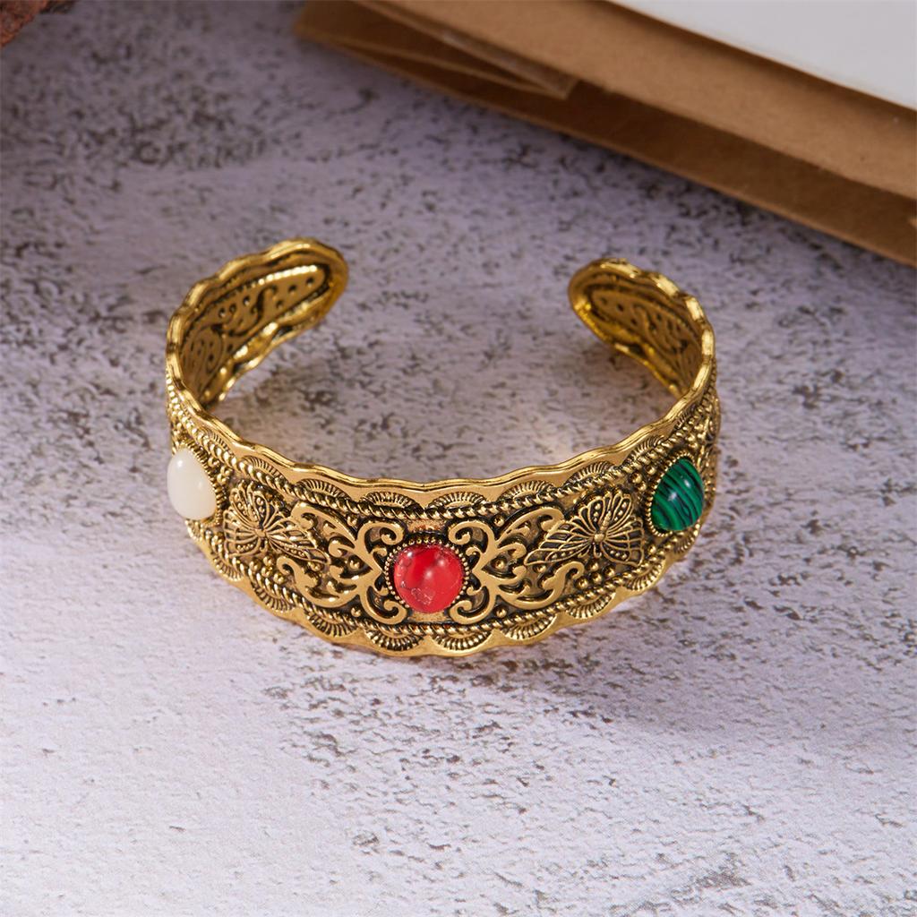 Vintage Antique Silver Color Natural Stone Wide Bangles Bracelets For Women Chinese Style Retro Gold Color Cuff Bracelet Jewelry