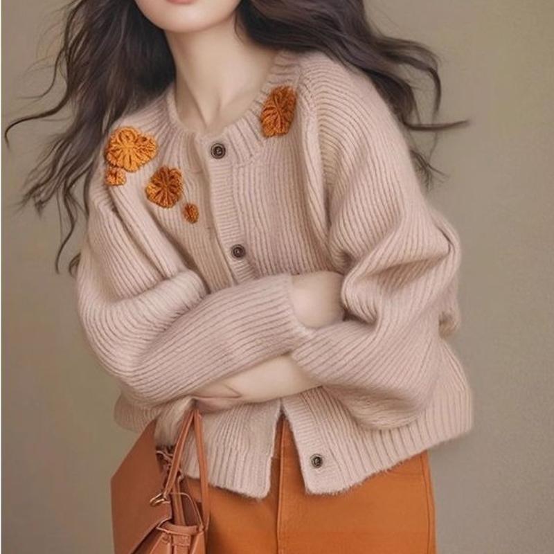 

Женская абрикосовая вязаная куртка-свитер с вышивкой цветов высокой плотности, повседневный стиль, зимняя верхняя одежда высокого класса XL