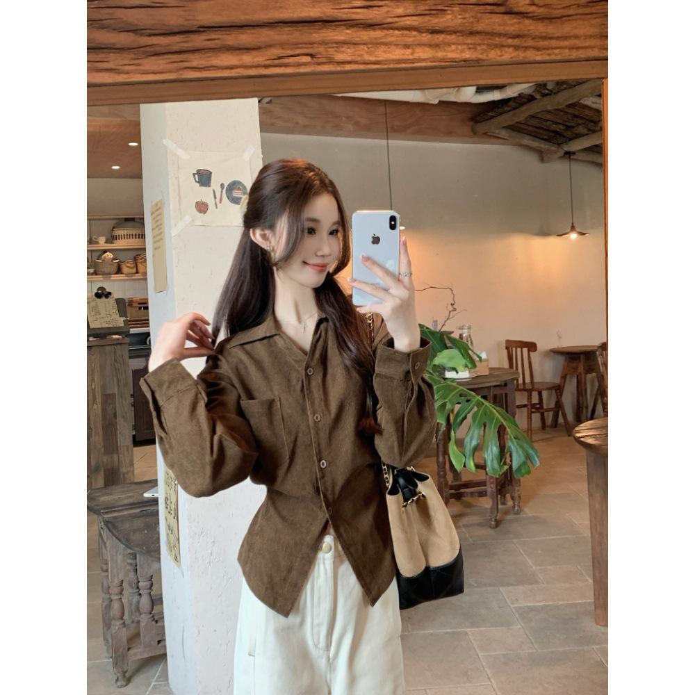 Autumn/Winter Korean Corduroy Tie-Up Lapel Shirt for Women - Elegant, Slimming, Chic, and Versatile Top