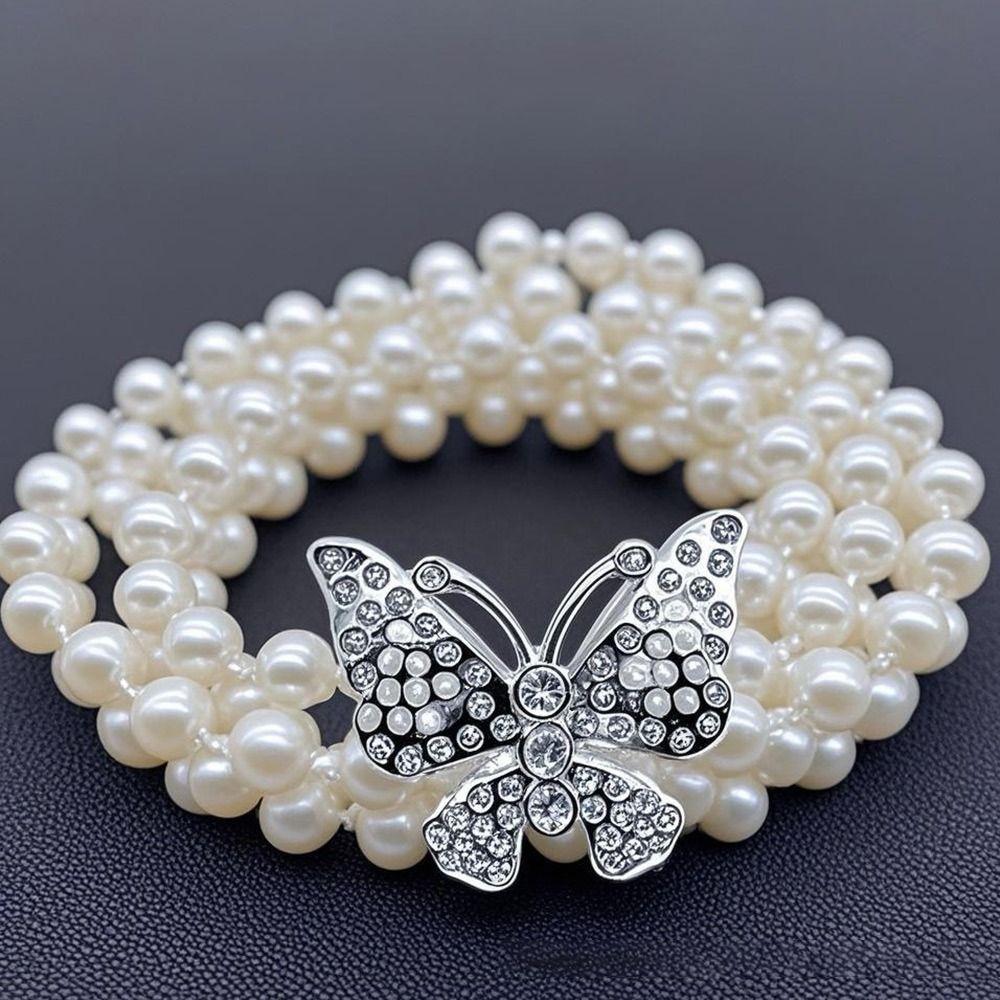 Luxury Butterfly Pearl Belt Pearls and Rhinestones Elastic Waist Bands For Women Lady Girl