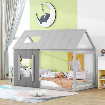 Cama Casinha 90 x 200cm, Cama Infantil Solteiro com Estrado, Cama de Madeira Estável Casa na Árvore com Telhado e Janela, Sem Colchão