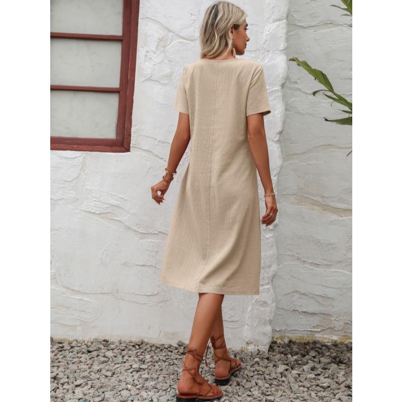 Fashion Loose Round Neck Short Sleeve Dress Pockets Solid Color Casual A-line Summer Dress Party Sweet Casual Simple Clothing