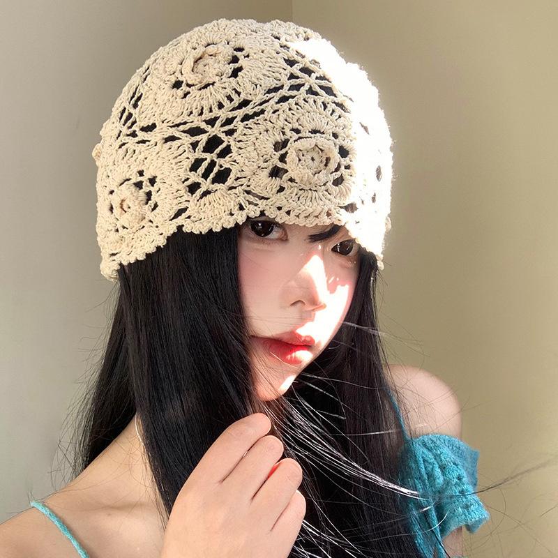 Ethnic Style Crochet Flower Knitted Hat Hollow Out Beanies Knit Cap Handmade Korean Apparel Accessories