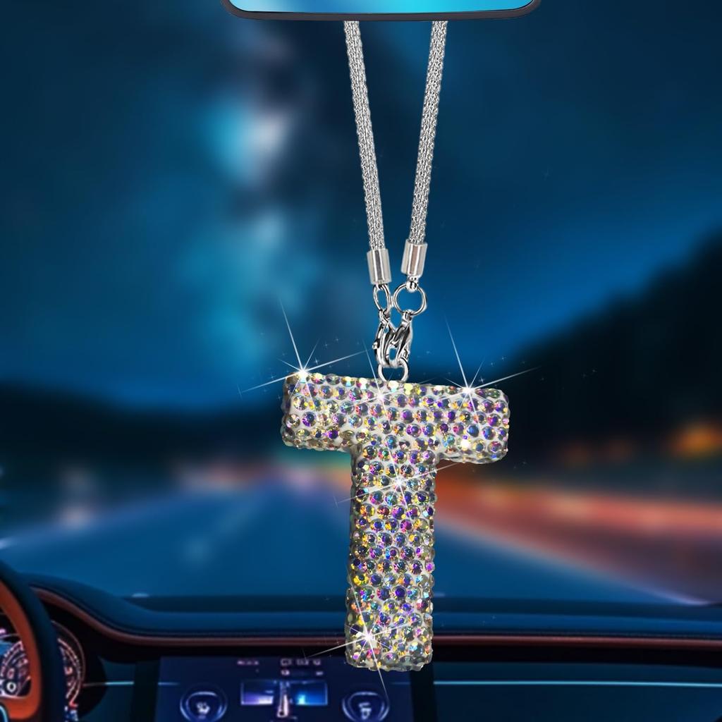 A Shape Bling Crystal Pendant Car Accessories for Women, Hanging Cute Rhinestone Rear View Mirror Accessories, Charm Interior Car Decorations for