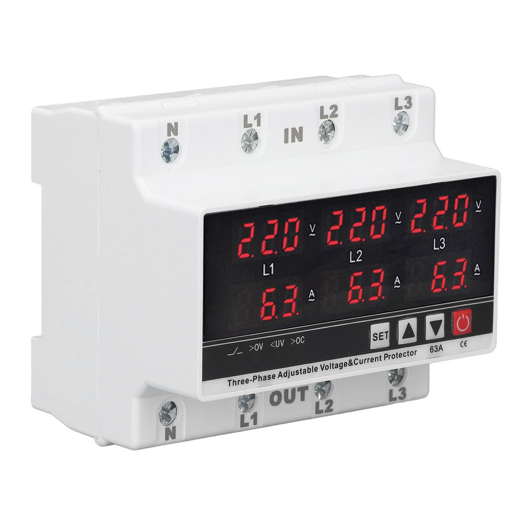 Undervoltage Protector DIN Rail Adjustable Overcurrent Protector AC120V‑300V 63A 3 Phase 3 Wire 4 Wi
