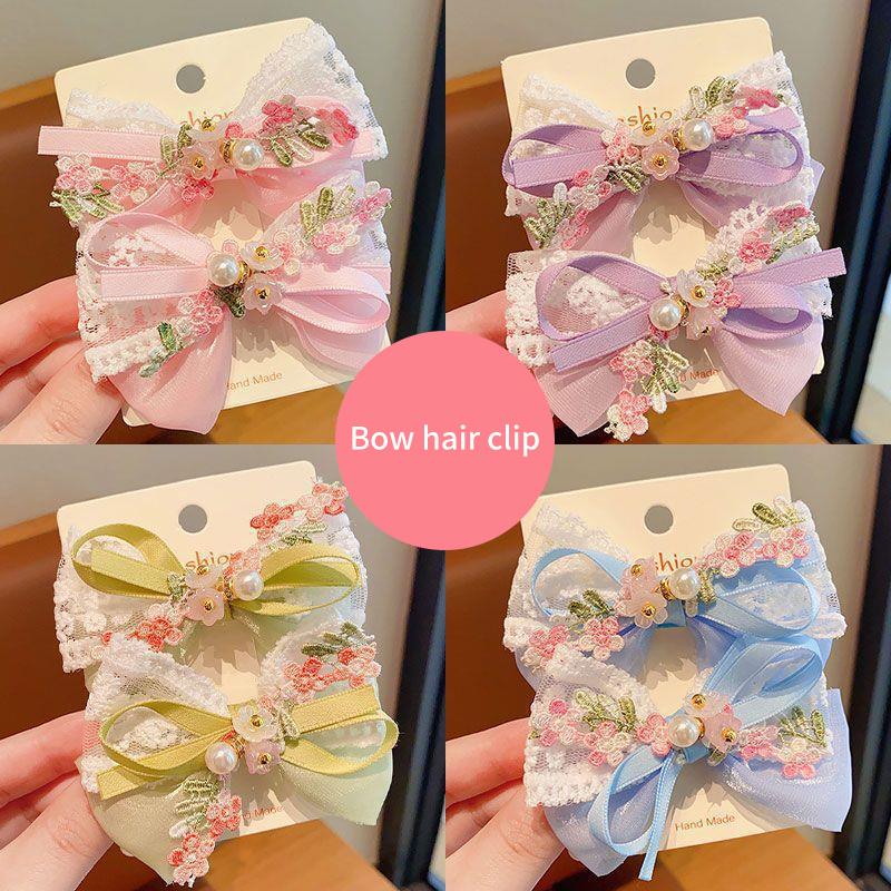 1Pair Cartoon Fashion Floral Embroidery Lace Pearl Bowknot Barrettes Cute Kid Princess Hair Clip Hair Accessories Girls Gifts