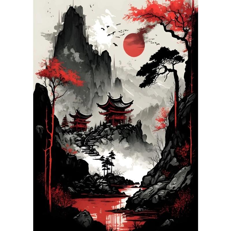 Japanese Natural Landscape Mountain Temple Canvas Painting Red Black Posters Vintage Art Wall Prints for Room Home Decor