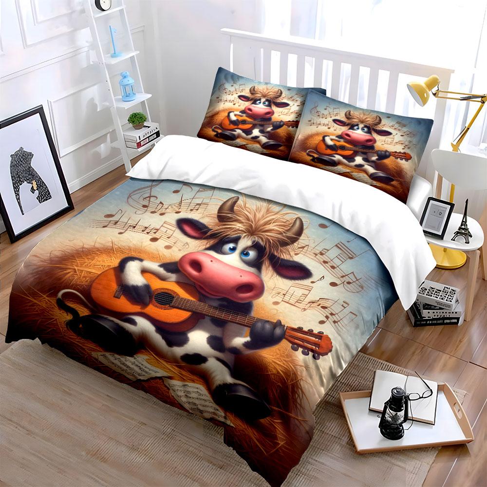 Cartoon-Kuh mit Gitarre Muster Bettwäsche-Set Mit 3D-Druckdesign Weiches Polyester-Bettwäsche-Set Ganzjahreskomfort