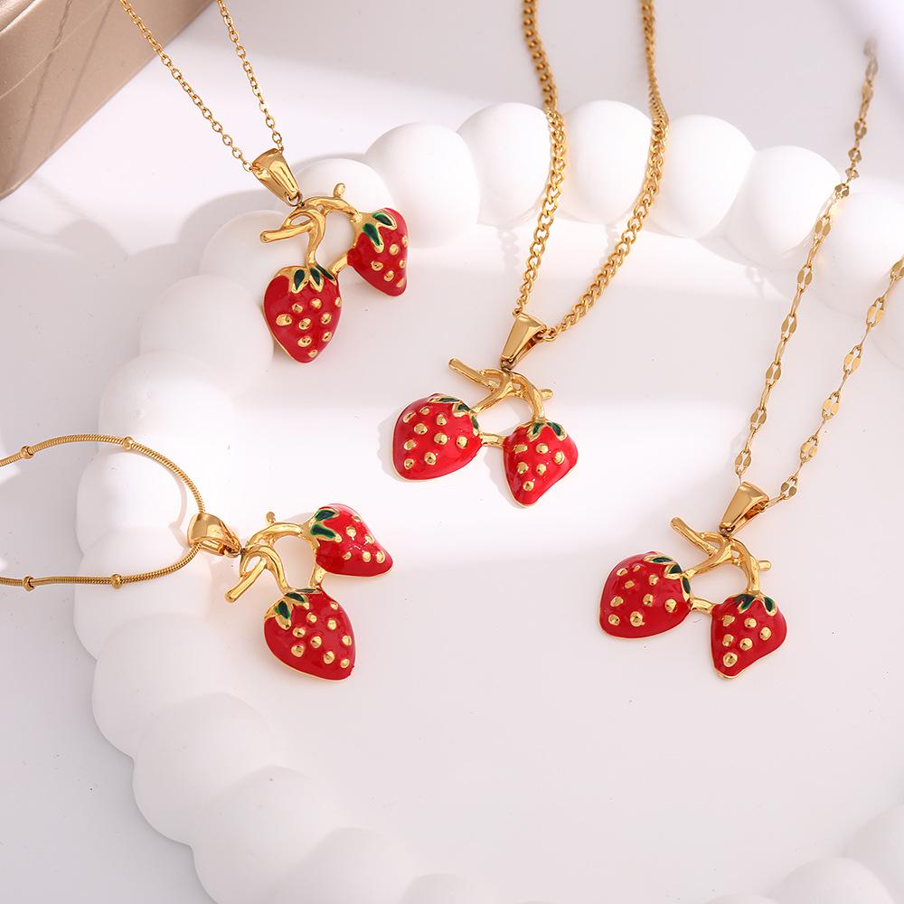 Stainless Steel Women's Strawberry Pendant Necklace with Enamel Finish and Multiple Chains