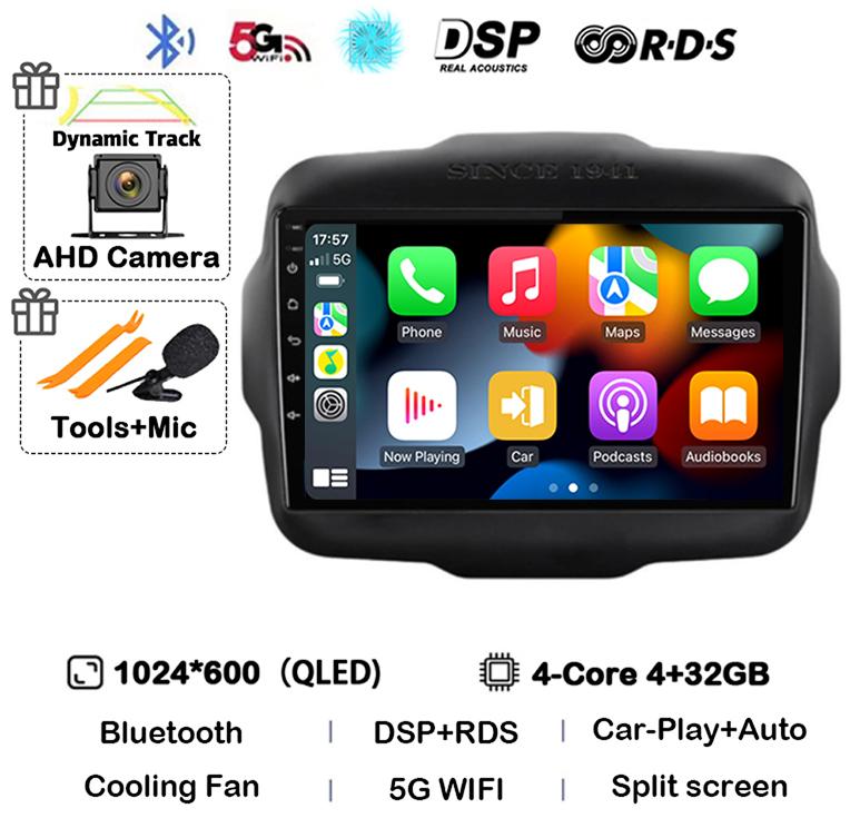 Android 14 Auto Carplay WIFI+4G LTE Car Radio For Jeep Renegade 2016 2017 2018 2019 2020 Multimedia Player GPS Stereo 360 Camera